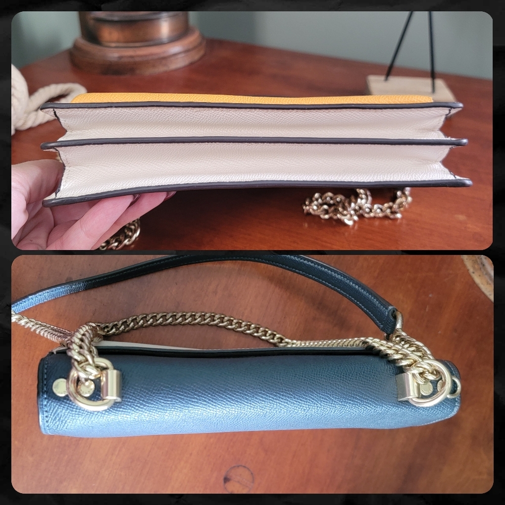 Coach C2860 Klare Colorblock Chain Crossbody Navy Yellow Chalk Leather Bag - Picture 8 of 16